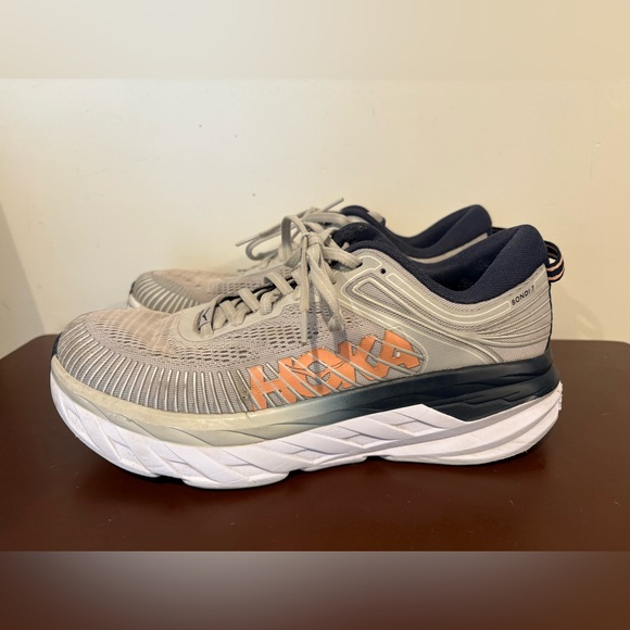 Hoka Bondi 7 Running Sneakers Women’s Size 9.5 Grey Navy and Peach - Picture 3 of 12